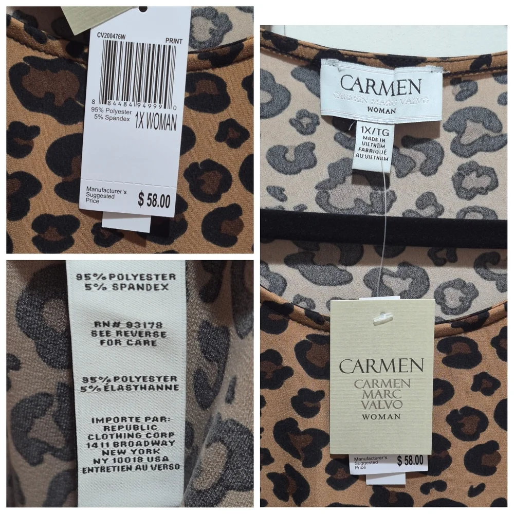 Carmen Marc Valvo Leopard Print Ruched Button Detail Top Size 1X NWT - Picture 6 of 6